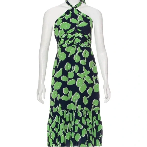 Tory Burch Eloriane Navy/Green Leaf Print Silk
Halter Dress Size 8 - Picture 12 of 14